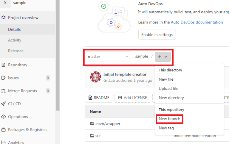how to create new branch from master in gitlab